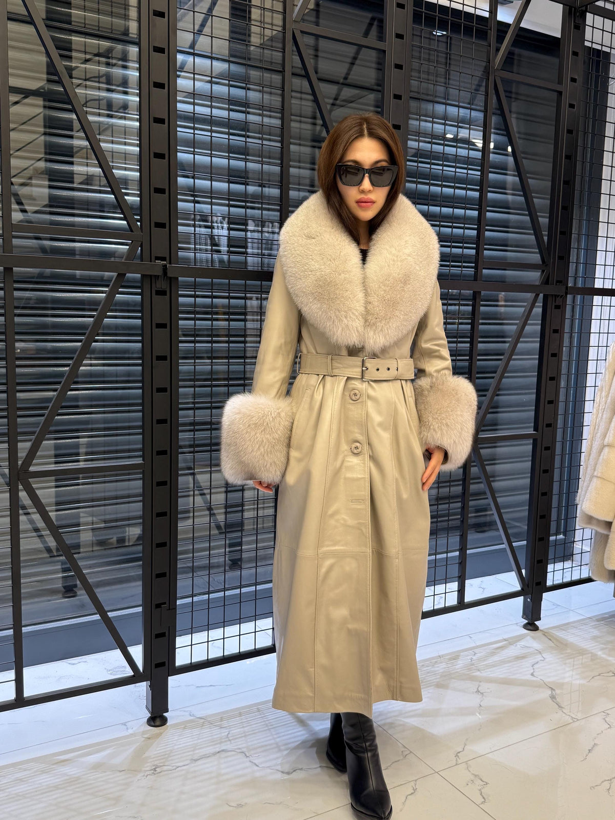 Women’s Beige Long Leather Trench Coat, Luxury Collar & Cuffs- Fox Fur Jacket