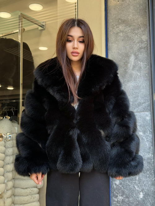Black Fox Fur Jacket: Women’s Handmade Short Fur Coat