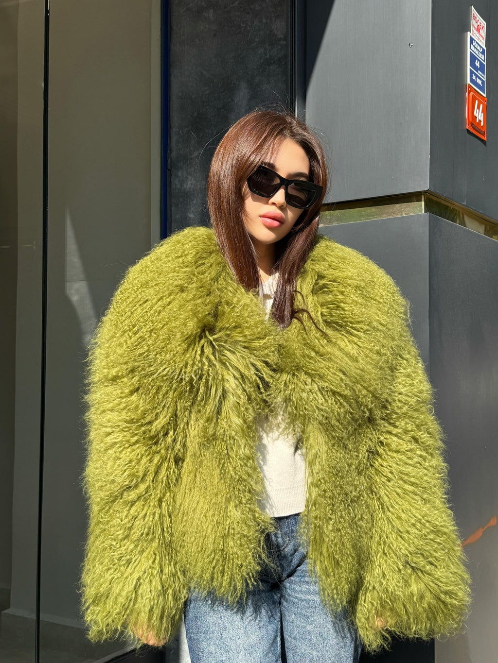 Women’s Green Tibetan Fur Coat, Handmade Shaggy Mongolian Lamb Fur Jacket