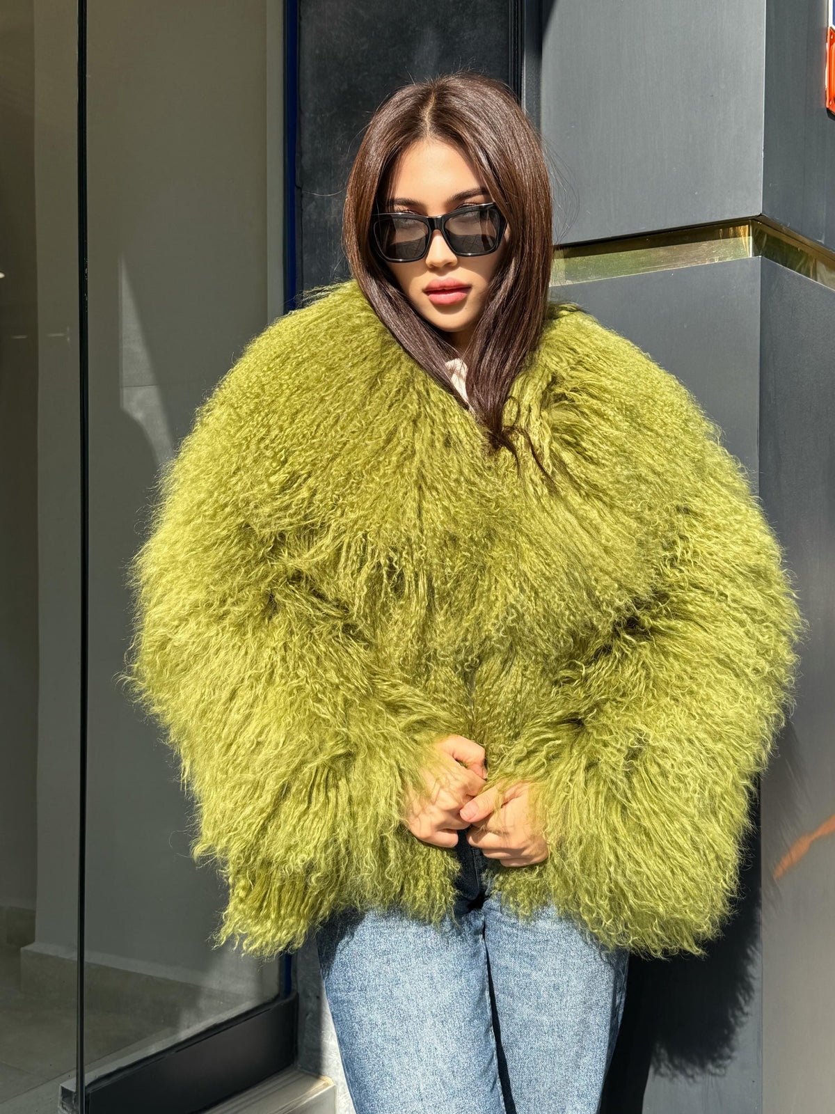 Women’s Green Tibetan Fur Coat, Handmade Shaggy Mongolian Lamb Fur Jacket