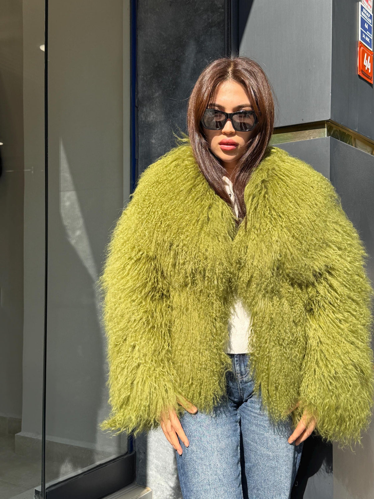Women’s Green Tibetan Fur Coat, Handmade Shaggy Mongolian Lamb Fur Jacket
