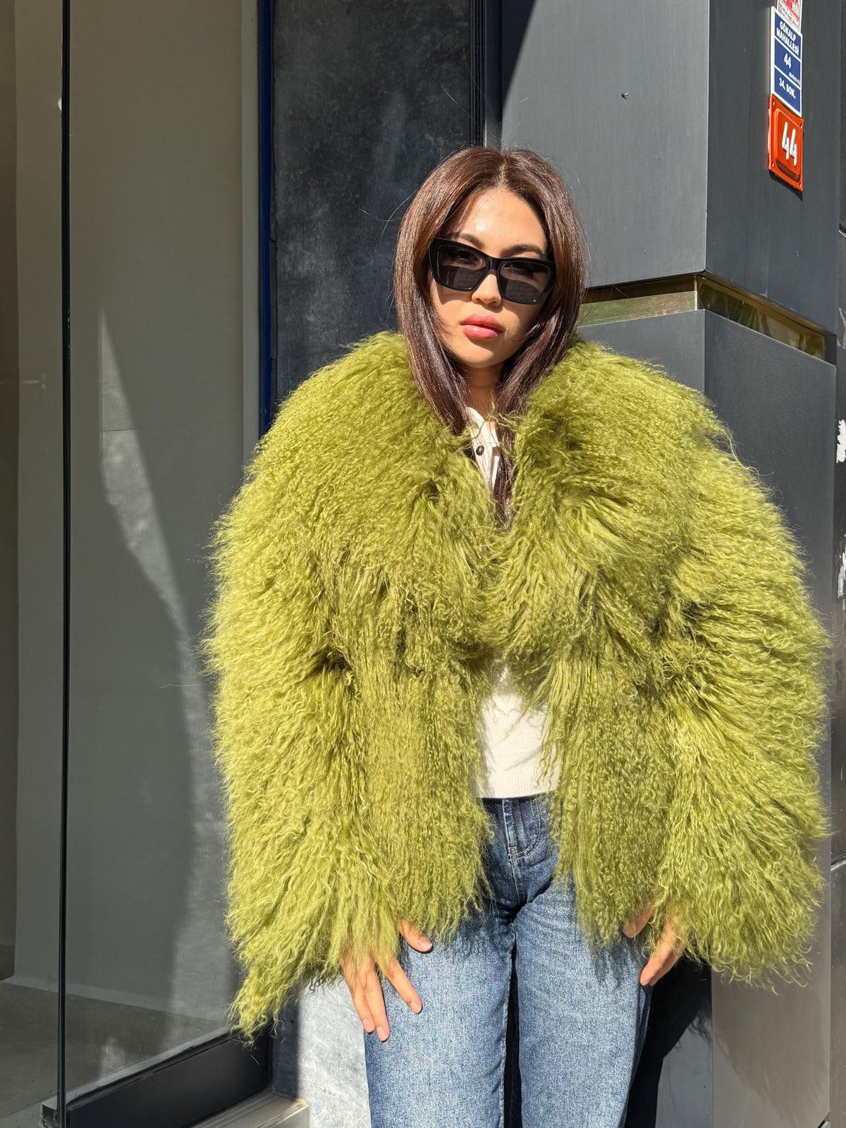 Women’s Green Tibetan Fur Coat, Handmade Shaggy Mongolian Lamb Fur Jacket
