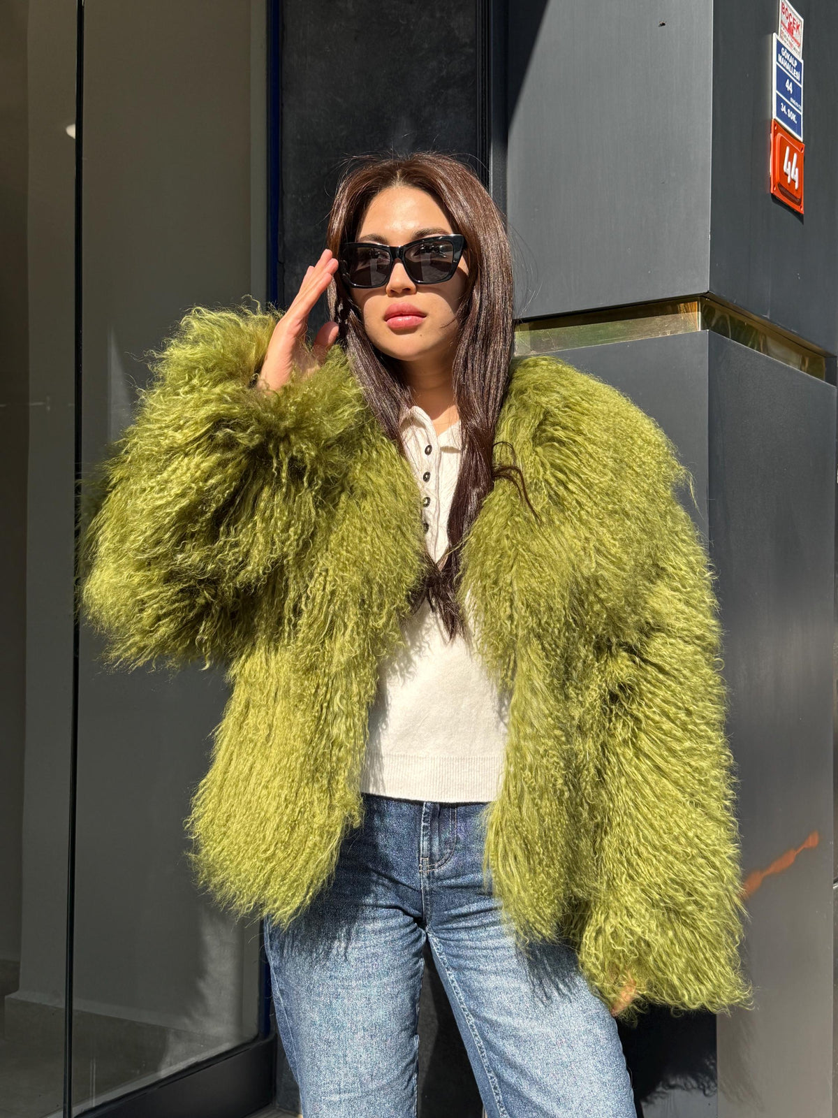 Women’s Green Tibetan Fur Coat, Handmade Shaggy Mongolian Lamb Fur Jacket