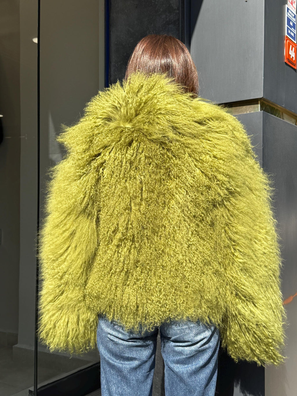 Women’s Green Tibetan Fur Coat, Handmade Shaggy Mongolian Lamb Fur Jacket