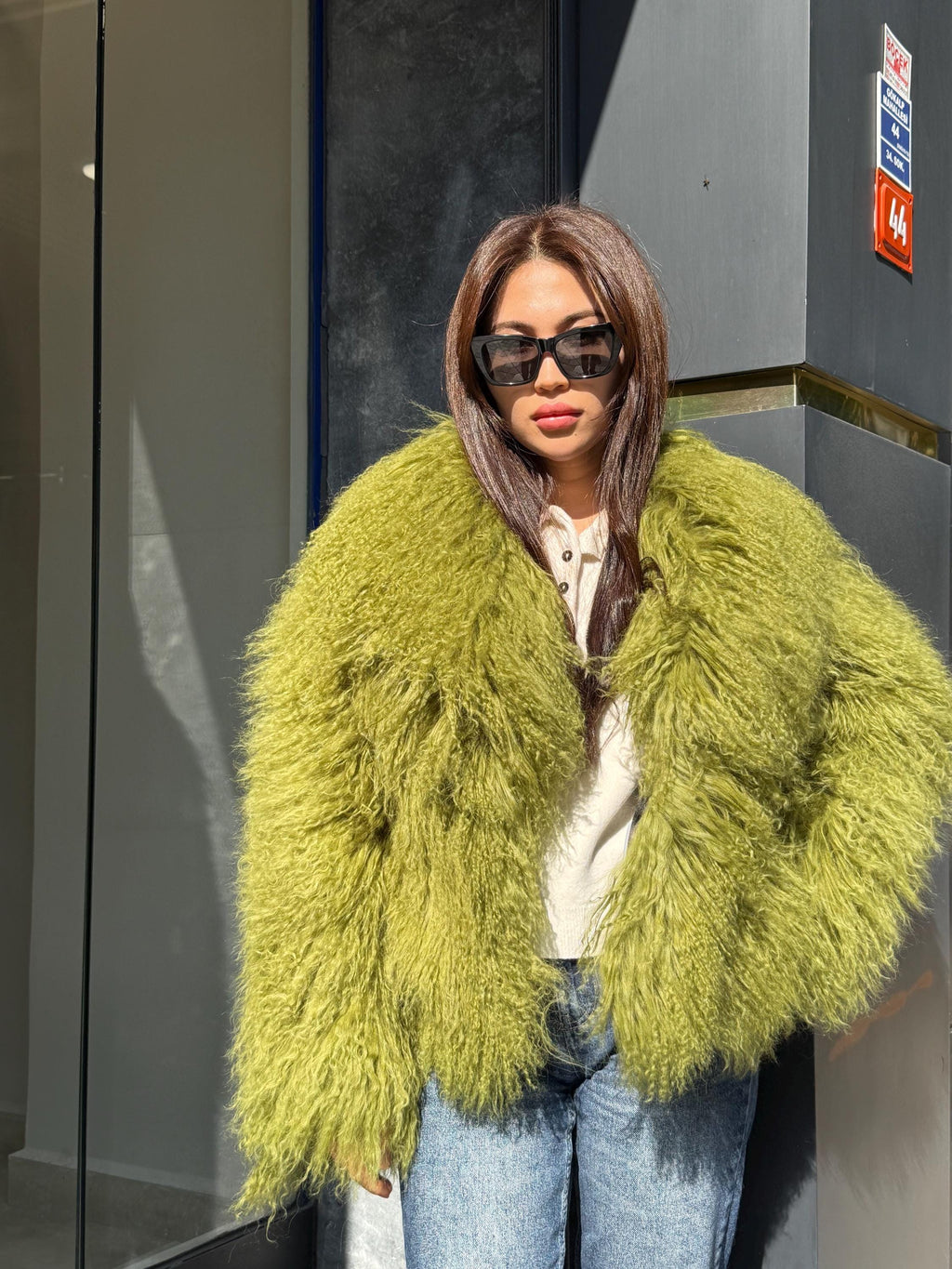Women’s Green Tibetan Fur Coat, Handmade Shaggy Mongolian Lamb Fur Jacket