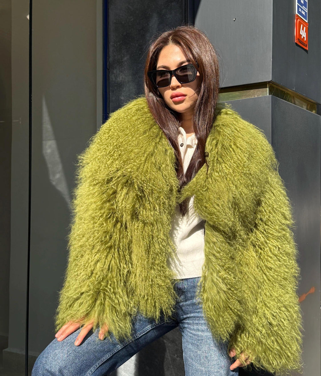 Women’s Green Tibetan Fur Coat, Handmade Shaggy Mongolian Lamb Fur Jacket