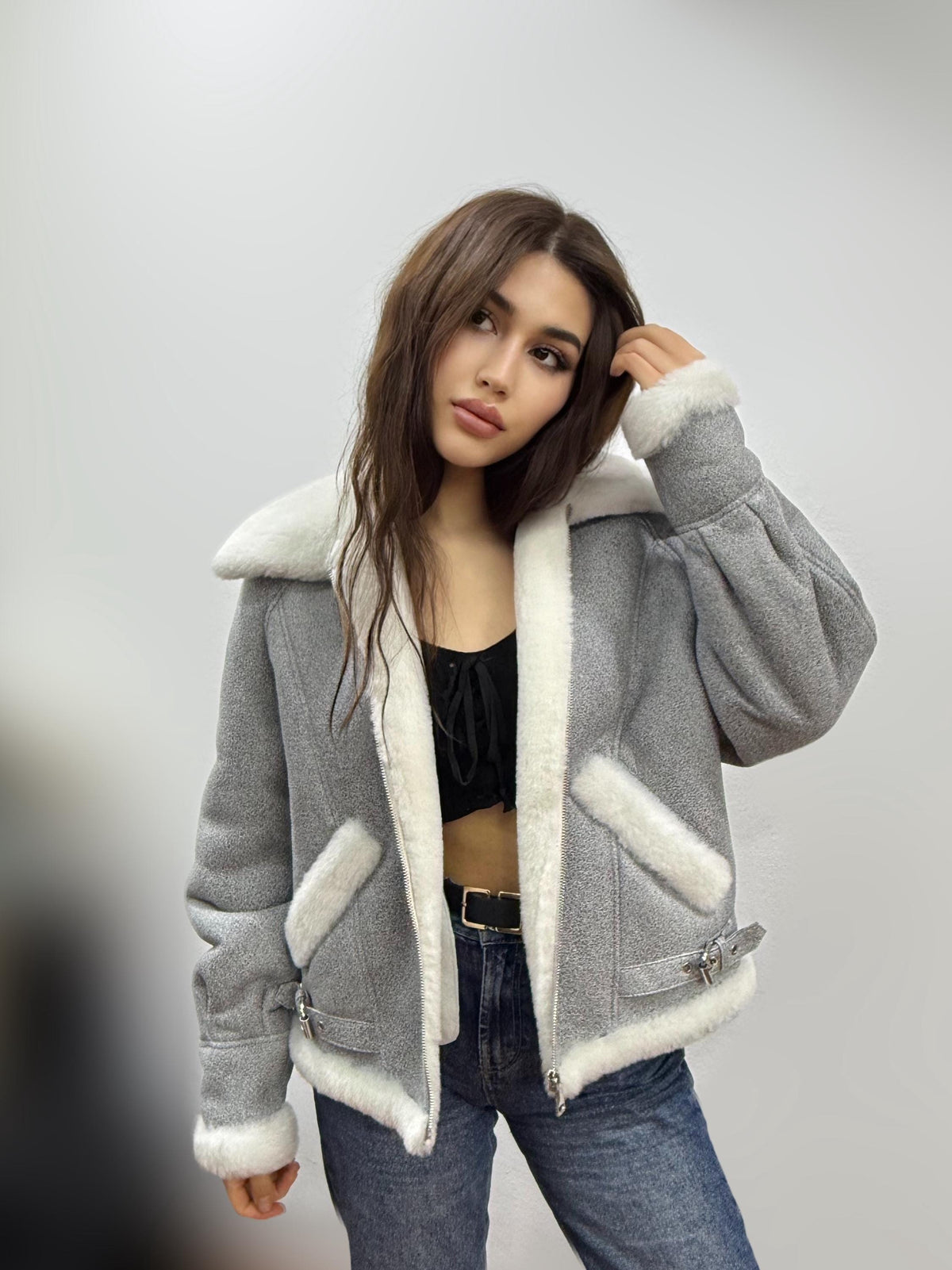 Gray Women’s Shearling Coat, Handmade Short Lamb Fur Jacket