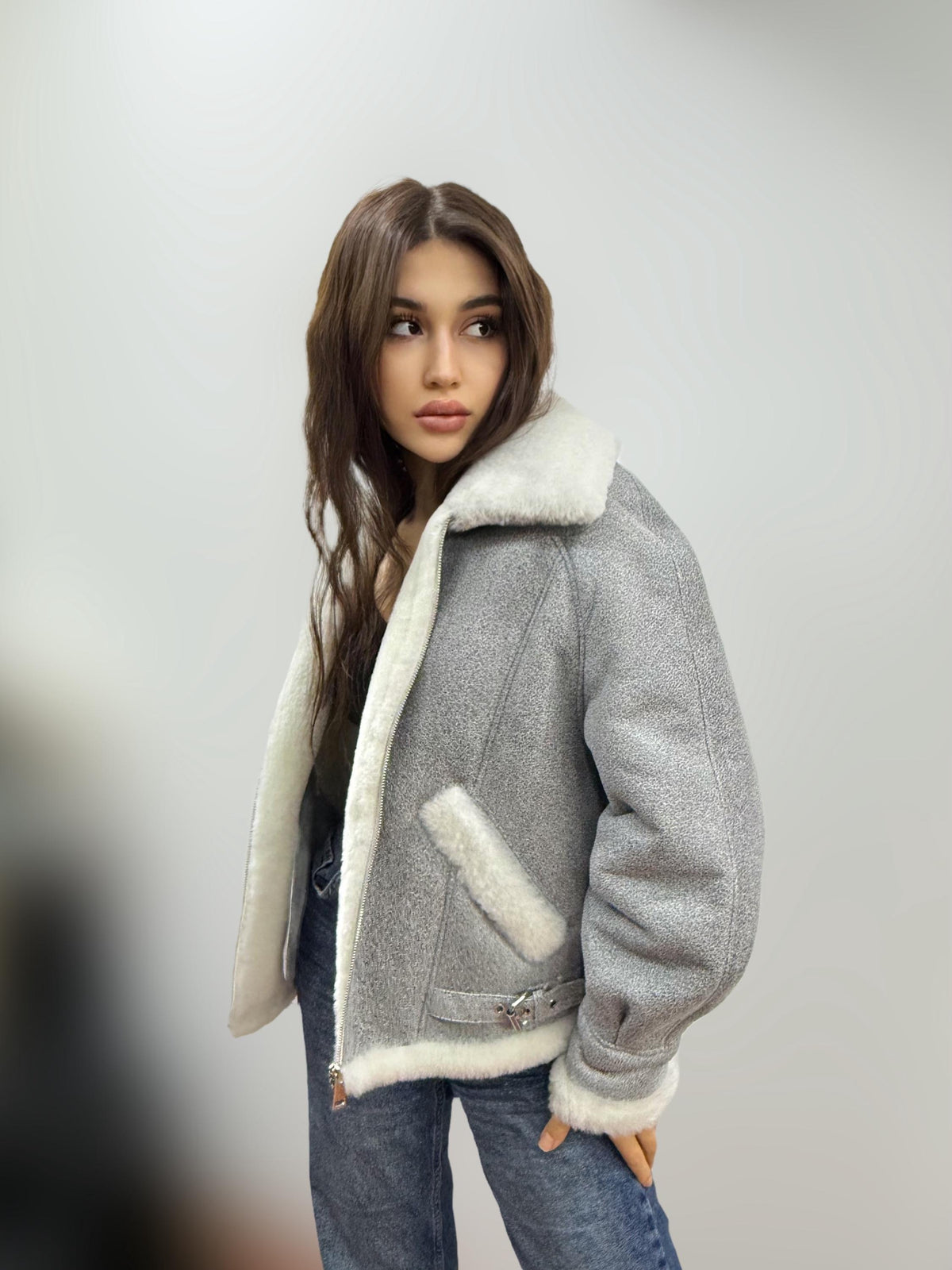 Gray Women’s Shearling Coat, Handmade Short Lamb Fur Jacket