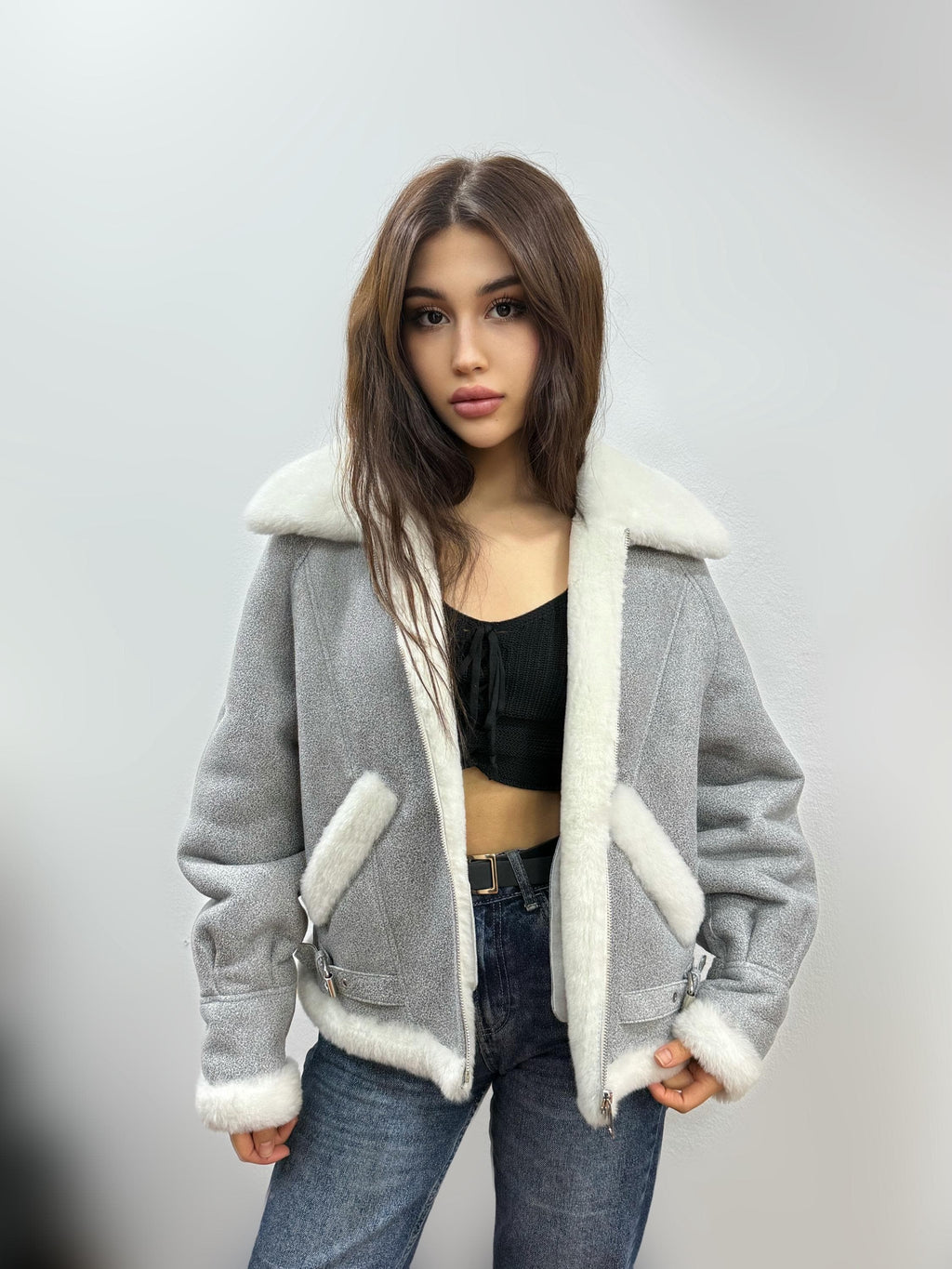 Gray Women’s Shearling Coat, Handmade Short Lamb Fur Jacket