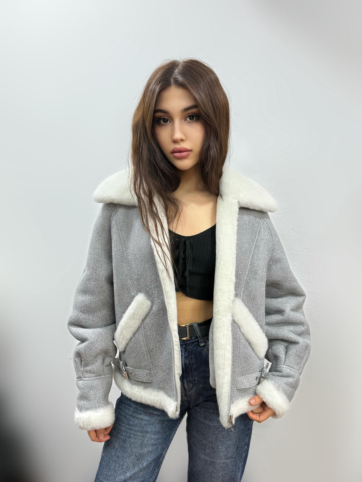 Gray Women’s Shearling Coat, Handmade Short Lamb Fur Jacket