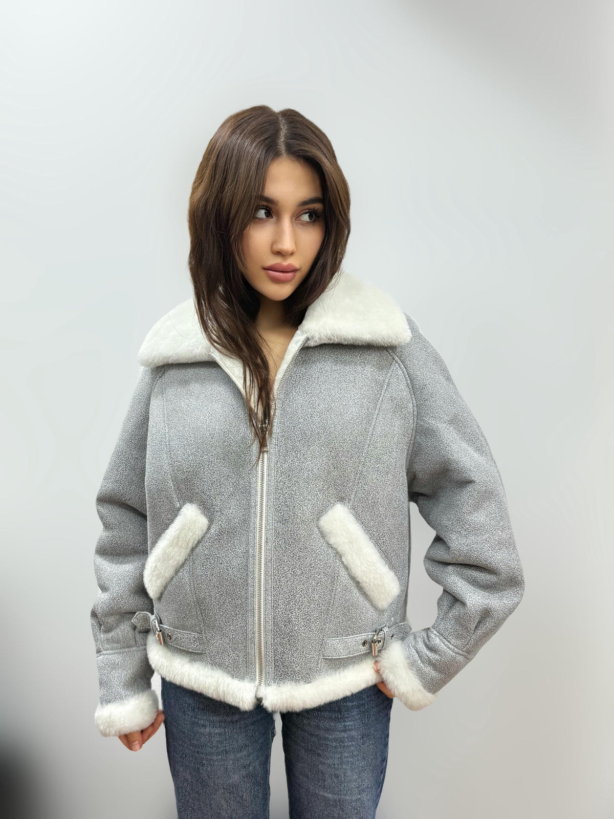 Gray Women’s Shearling Coat, Handmade Short Lamb Fur Jacket