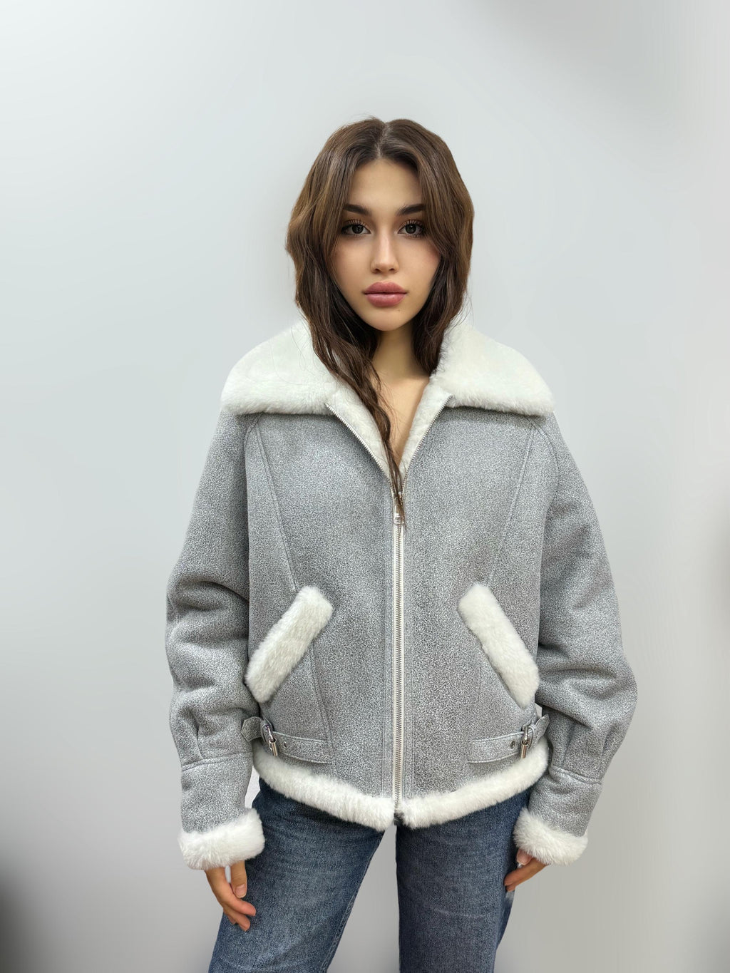 Gray Women’s Shearling Coat, Handmade Short Lamb Fur Jacket