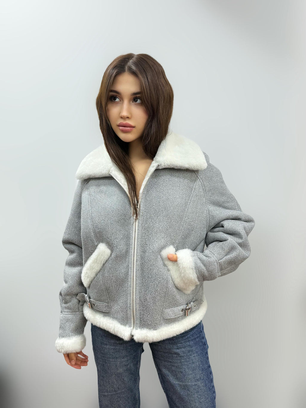 Gray Women’s Shearling Coat, Handmade Short Lamb Fur Jacket