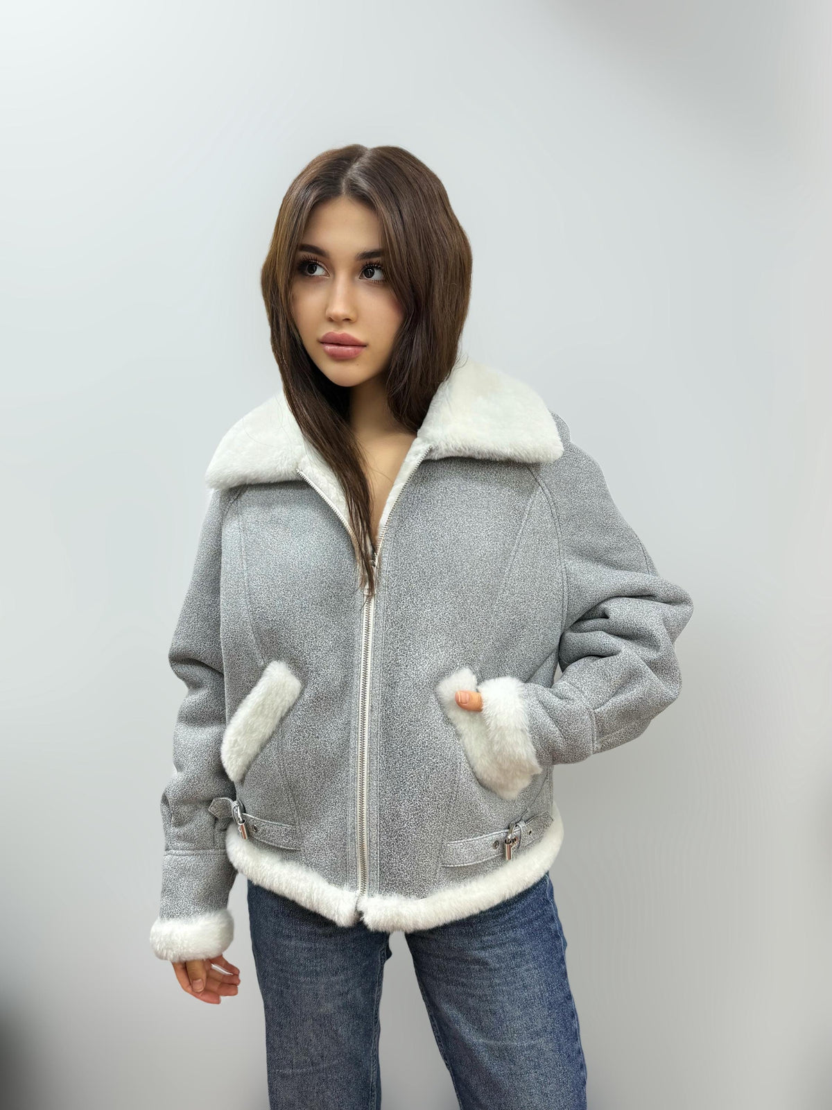 Gray Women’s Shearling Coat, Handmade Short Lamb Fur Jacket