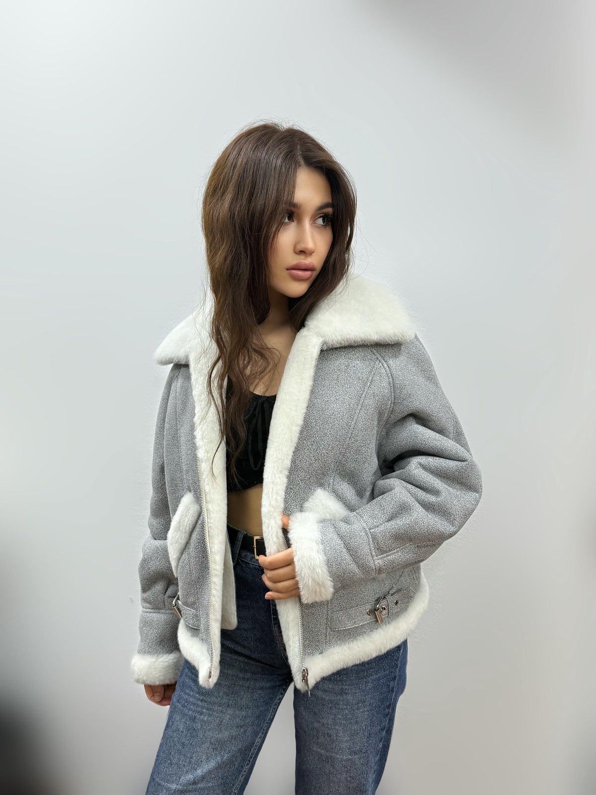 Gray Women’s Shearling Coat, Handmade Short Lamb Fur Jacket