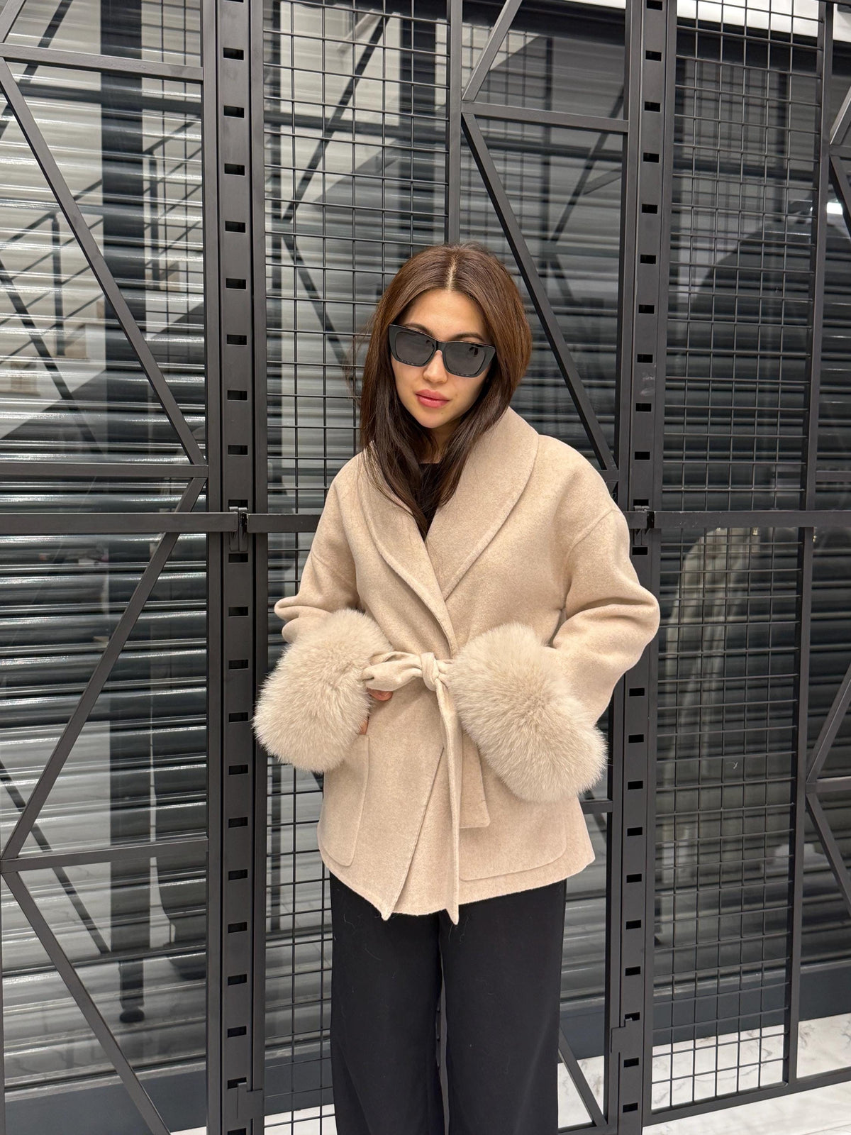 Beige Short Alpaca Wool Coat, Women Fox Fur Jacket, Cuffs Fox Fur Jacket,. Beige Fox Fur. - Soft Fox Fur