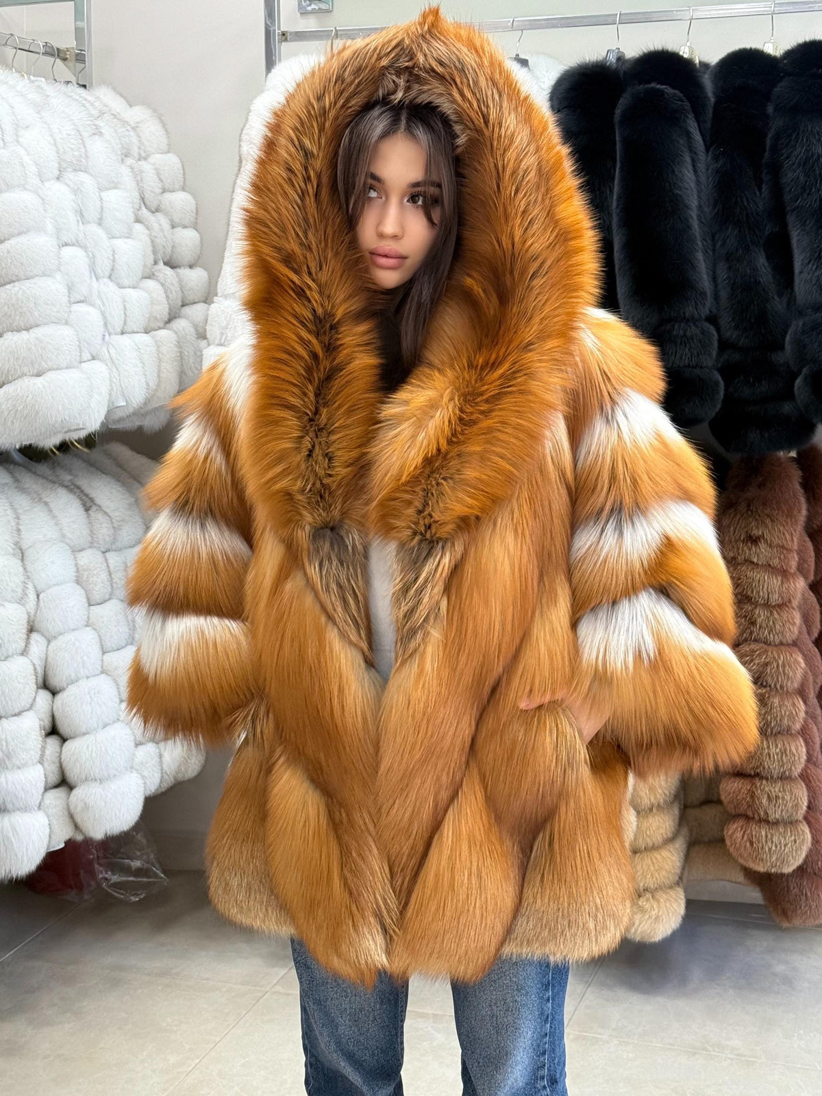 Women’s Golden Red Fox Fur Jacket - Luxury Winter Hooded Gold Fox Fur Cape