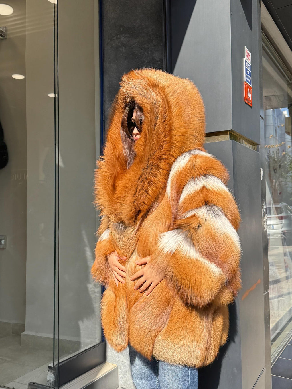 Women’s Golden Red Fox Fur Jacket - Luxury Winter Hooded Gold Fox Fur Cape