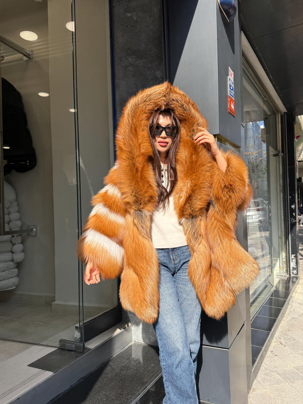 Women’s Golden Red Fox Fur Jacket - Luxury Winter Hooded Gold Fox Fur Cape