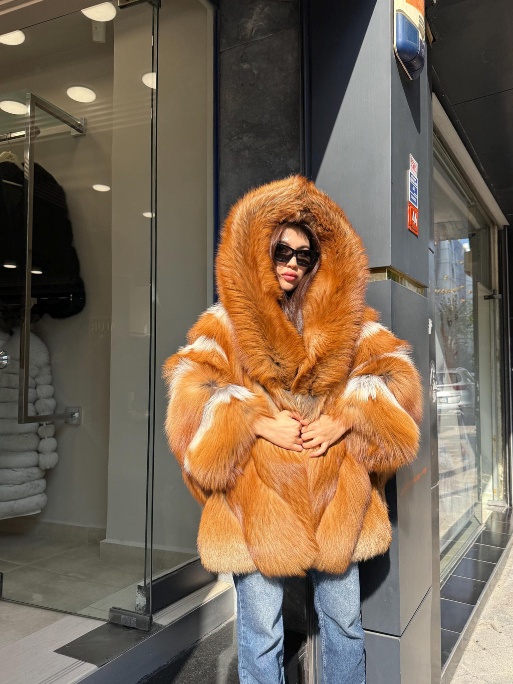 Women’s Golden Red Fox Fur Jacket - Luxury Winter Hooded Gold Fox Fur Cape