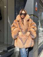 Women’s Frost Fox Fur Jacket - Luxury Handmade Winter Red Frost Fur Belted Cape Coat