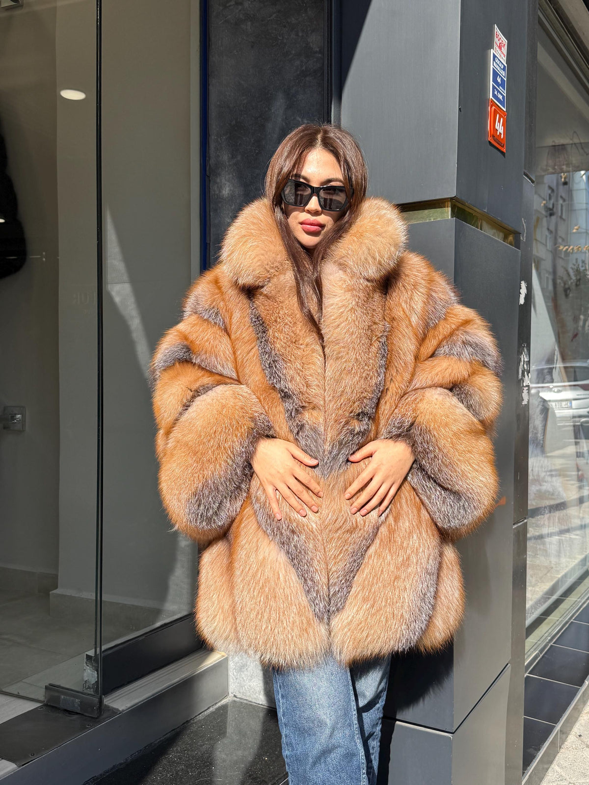 Women’s Frost Fox Fur Jacket - Luxury Handmade Winter Red Frost Fur Belted Cape Coat