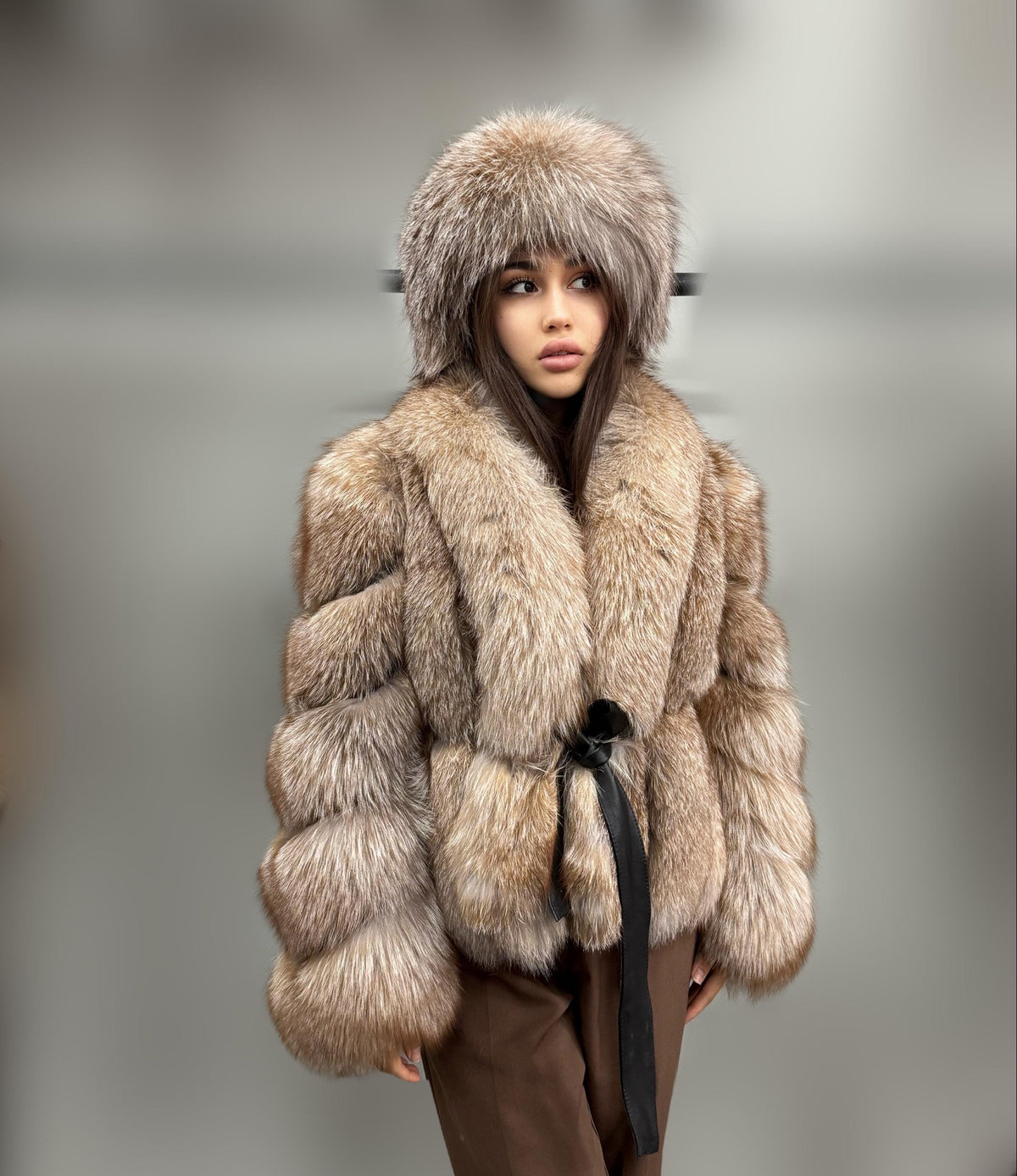Women’s Caramel Beige Fox Fur Jacket, Luxury Belted Frost Fur Coat