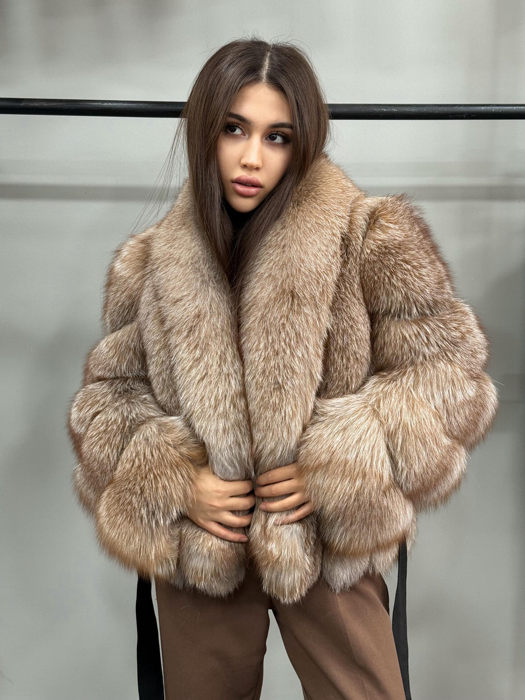 Women’s Caramel Beige Fox Fur Jacket, Luxury Belted Frost Fur Coat
