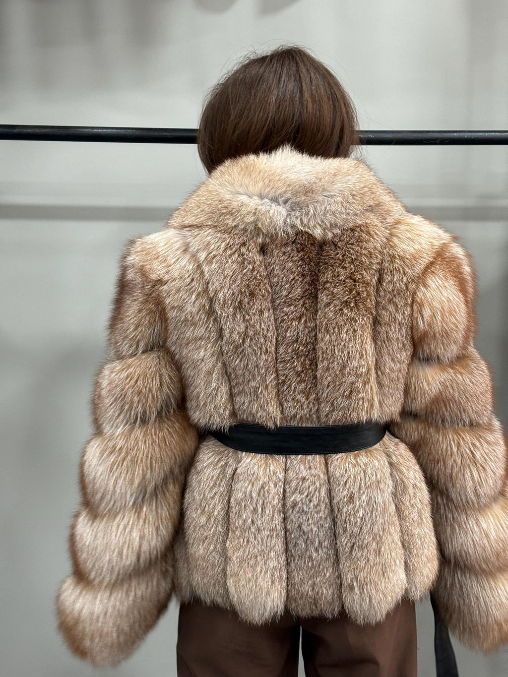 Women’s Caramel Beige Fox Fur Jacket, Luxury Belted Frost Fur Coat