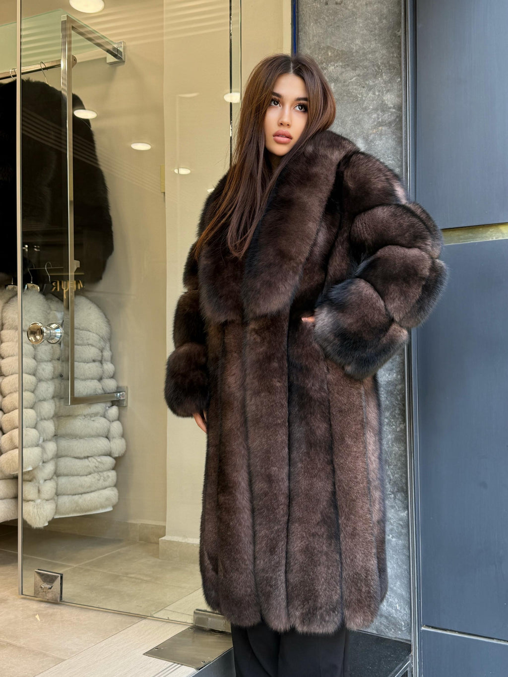 Women’s Long Brown Fox Fur Coat, Luxury Sable Color Fox Fur Jacket