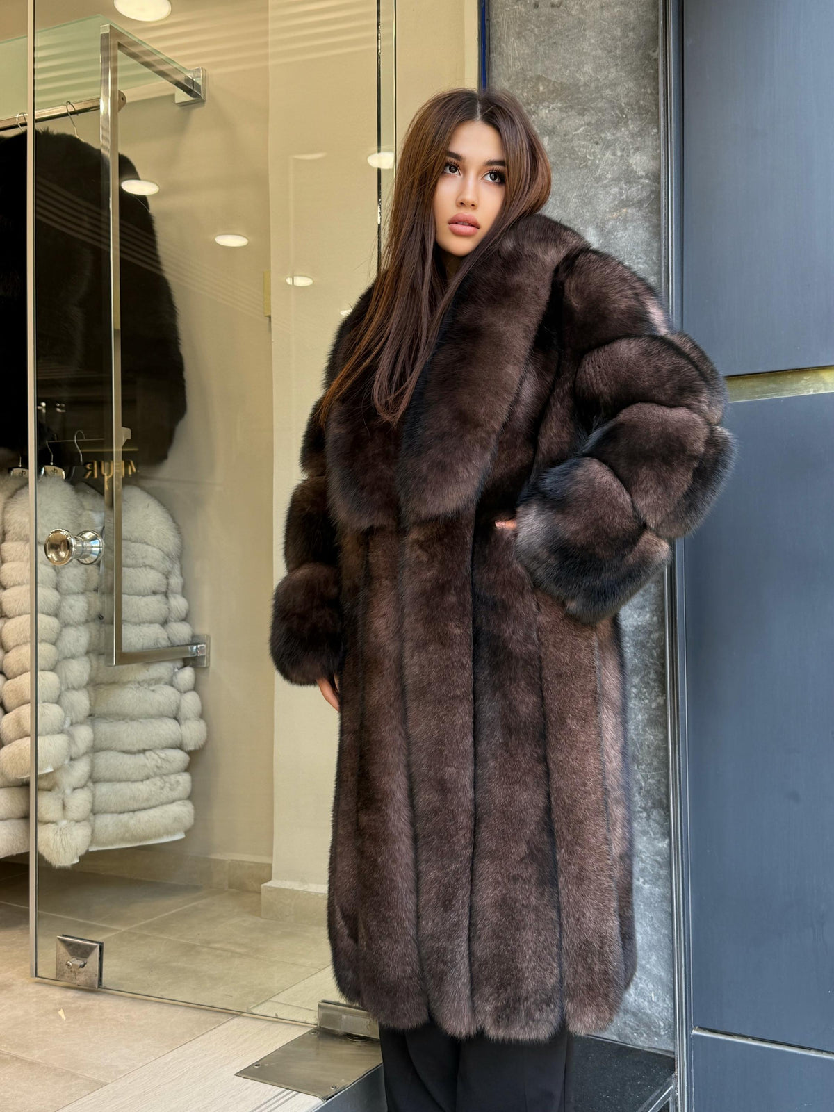 Women’s Long Brown Fox Fur Coat, Luxury Sable Color Fox Fur Jacket