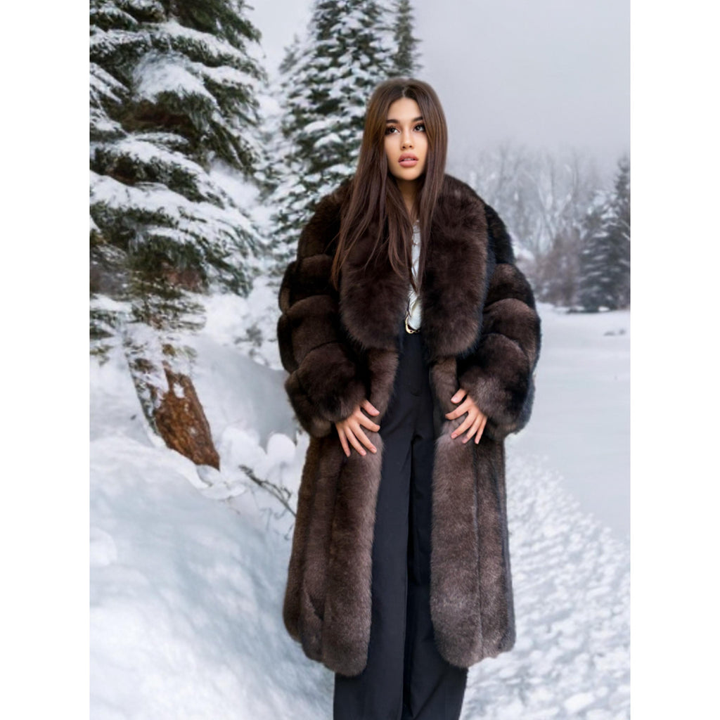 Women’s Long Brown Fox Fur Coat, Luxury Sable Color Fox Fur Jacket