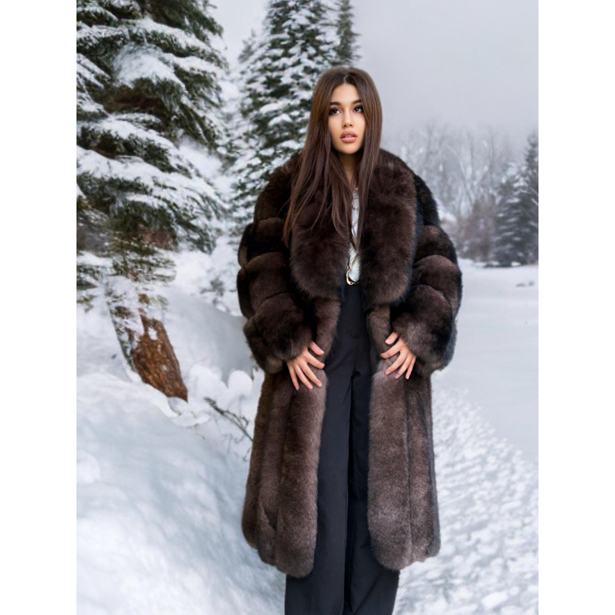 Women’s Long Brown Fox Fur Coat, Luxury Sable Color Fox Fur Jacket