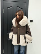 Brown & Beige Shearling Coat, Women’s Hood Cuffs Fox Fur Jacket | Women Lamb Fur Jacket