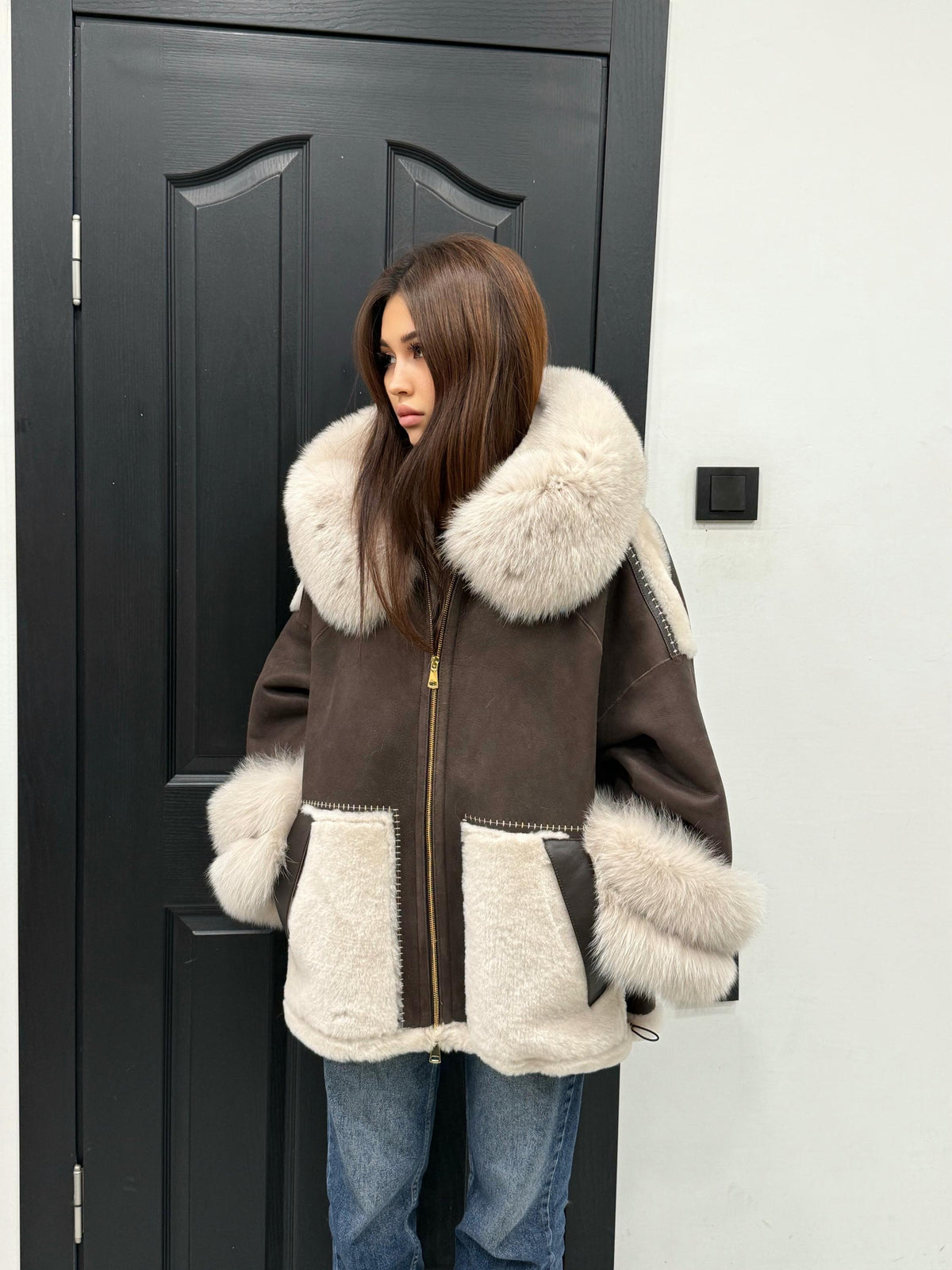 Brown & Beige Shearling Coat, Women’s Hood Cuffs Fox Fur Jacket | Women Lamb Fur Jacket