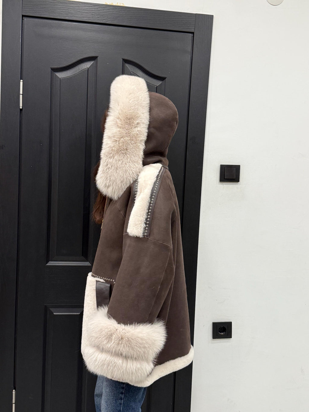Brown & Beige Shearling Coat, Women’s Hood Cuffs Fox Fur Jacket | Women Lamb Fur Jacket
