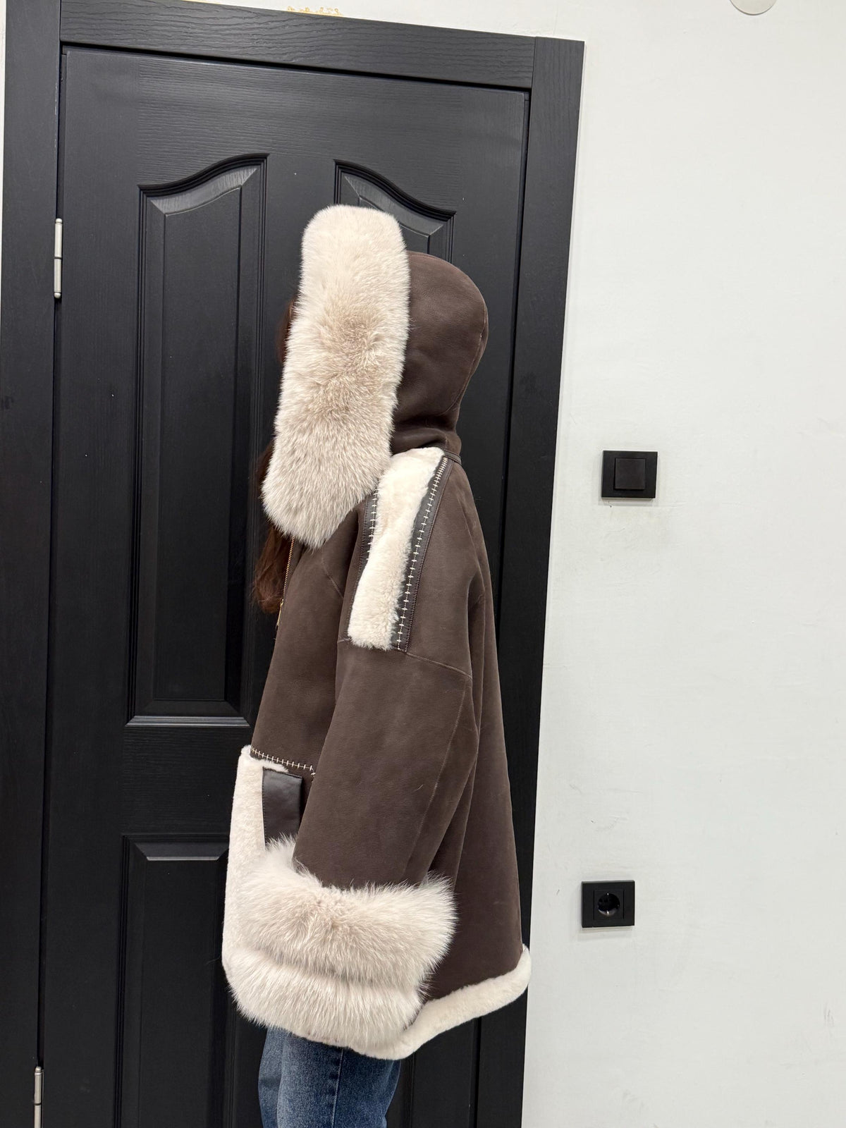 Brown & Beige Shearling Coat, Women’s Hood Cuffs Fox Fur Jacket | Women Lamb Fur Jacket