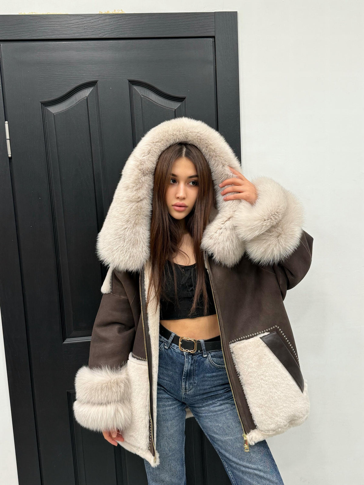 Brown & Beige Shearling Coat, Women’s Hood Cuffs Fox Fur Jacket | Women Lamb Fur Jacket