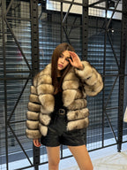 Beige Fox Fur Jacket: Women’s Handmade Short Soft Fur Coat