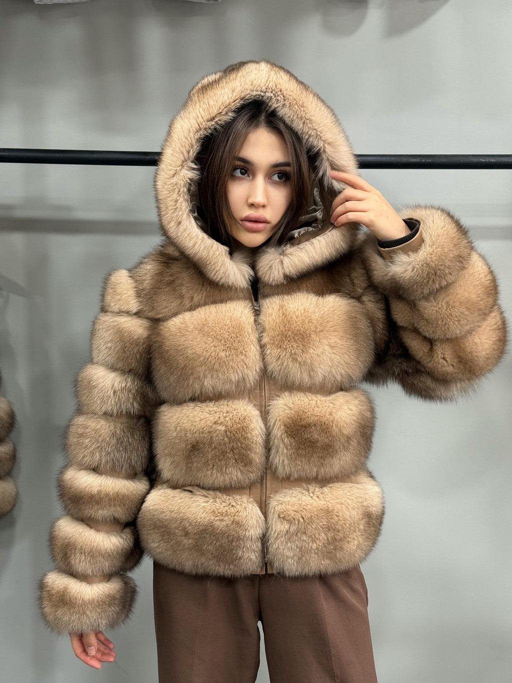 Women’s Caramel Beige Fox Fur Jacket, Luxury Hooded Short Fox Fur Coat
