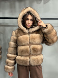 Women’s Caramel Beige Fox Fur Jacket, Luxury Hooded Short Fox Fur Coat