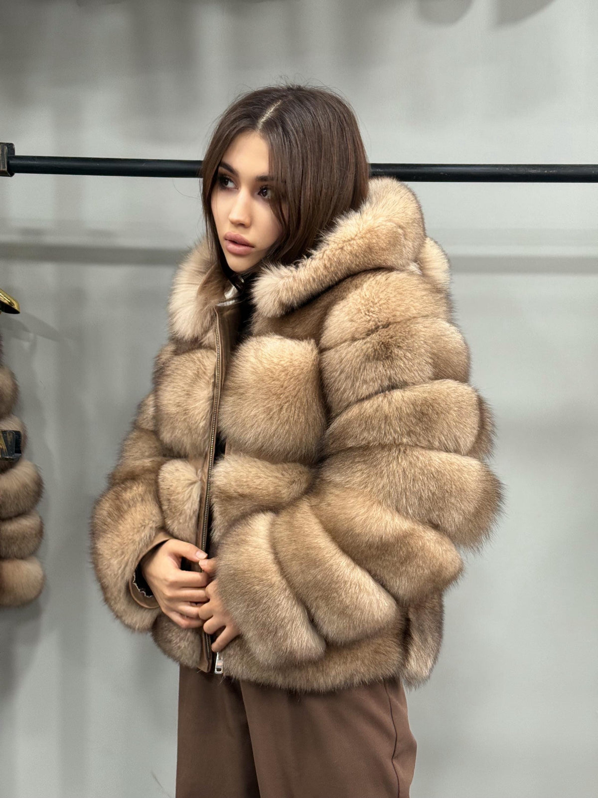 Women’s Caramel Beige Fox Fur Jacket, Luxury Hooded Short Fox Fur Coat