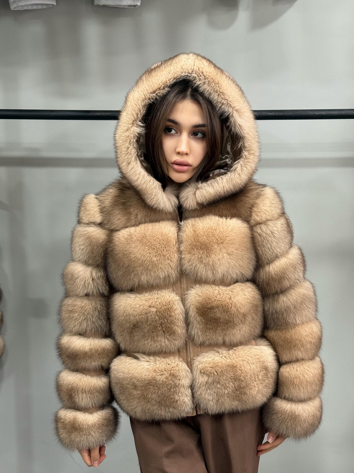 Women’s Caramel Beige Fox Fur Jacket, Luxury Hooded Short Fox Fur Coat
