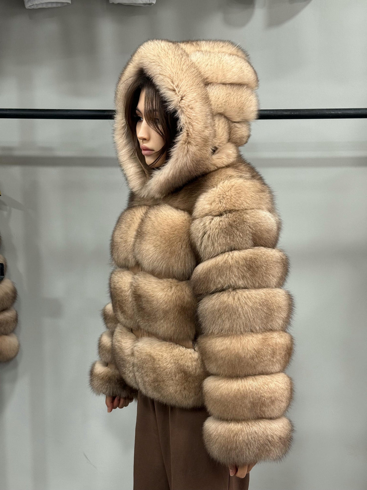 Women’s Caramel Beige Fox Fur Jacket, Luxury Hooded Short Fox Fur Coat