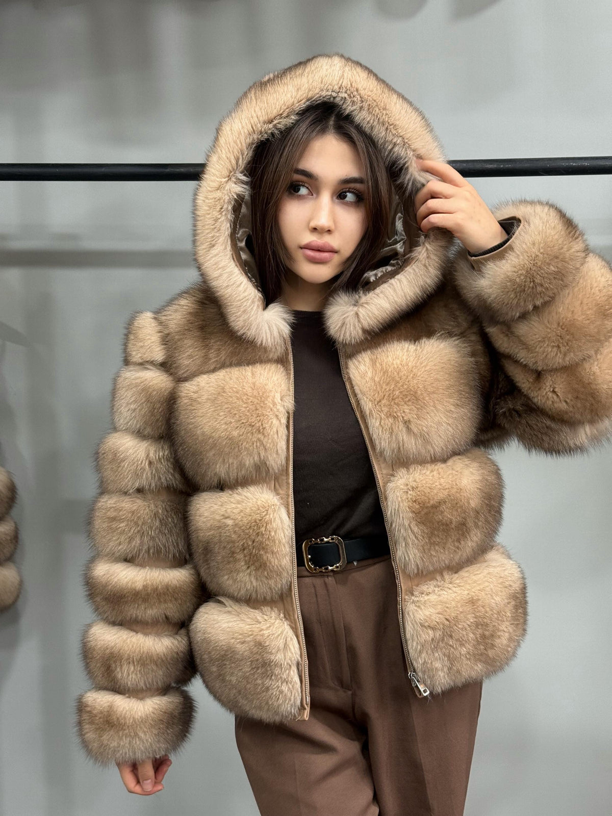 Women’s Caramel Beige Fox Fur Jacket, Luxury Hooded Short Fox Fur Coat