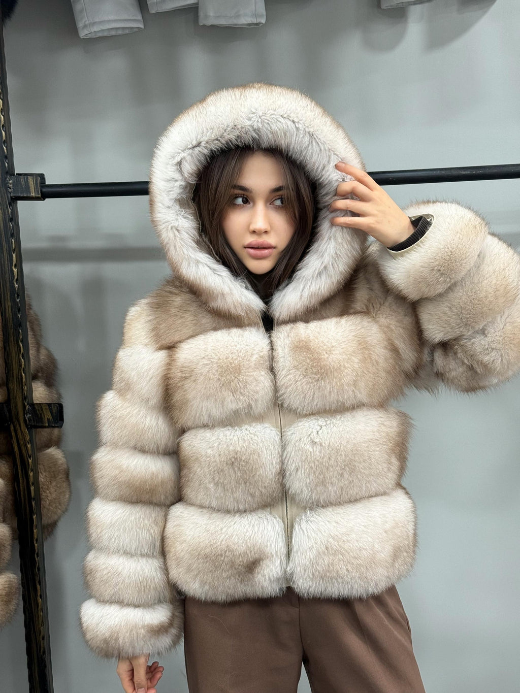 Women’s Beige Fox Fur Jacket, Luxury Hooded Short Fox Fur Coat