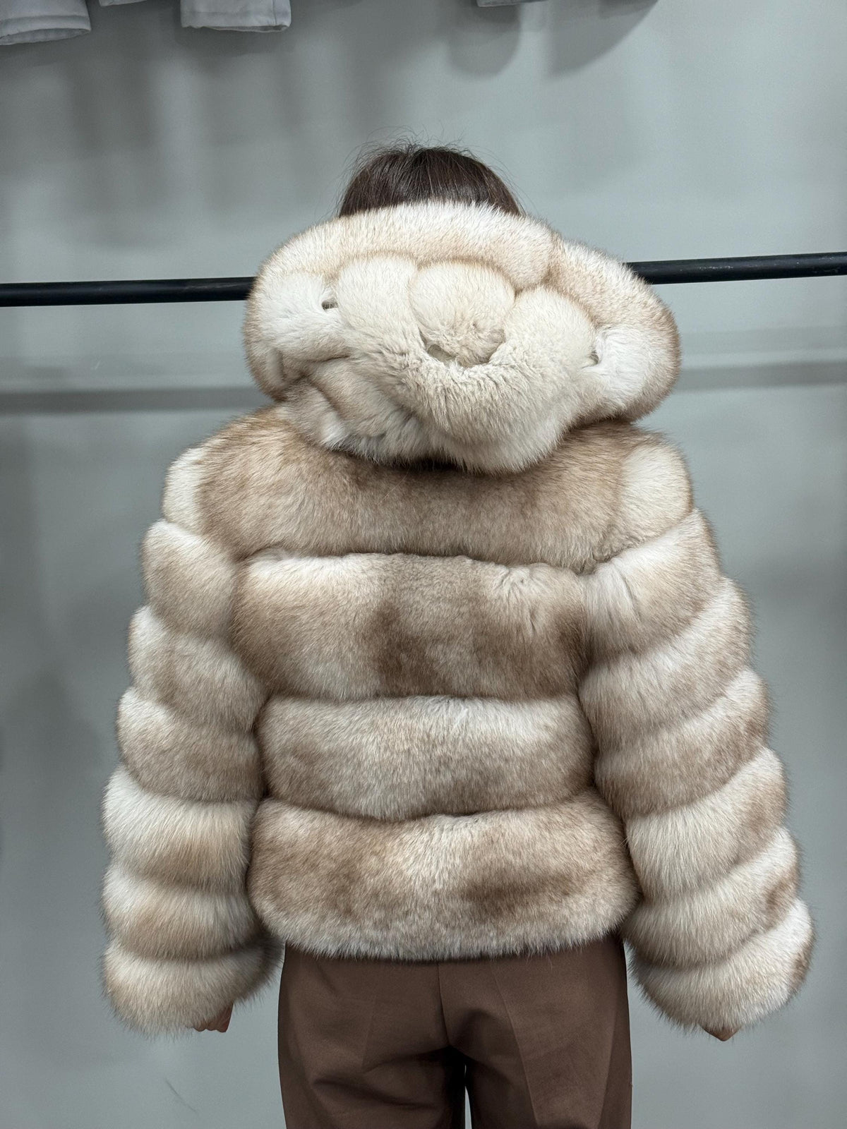 Women’s Beige Fox Fur Jacket, Luxury Hooded Short Fox Fur Coat