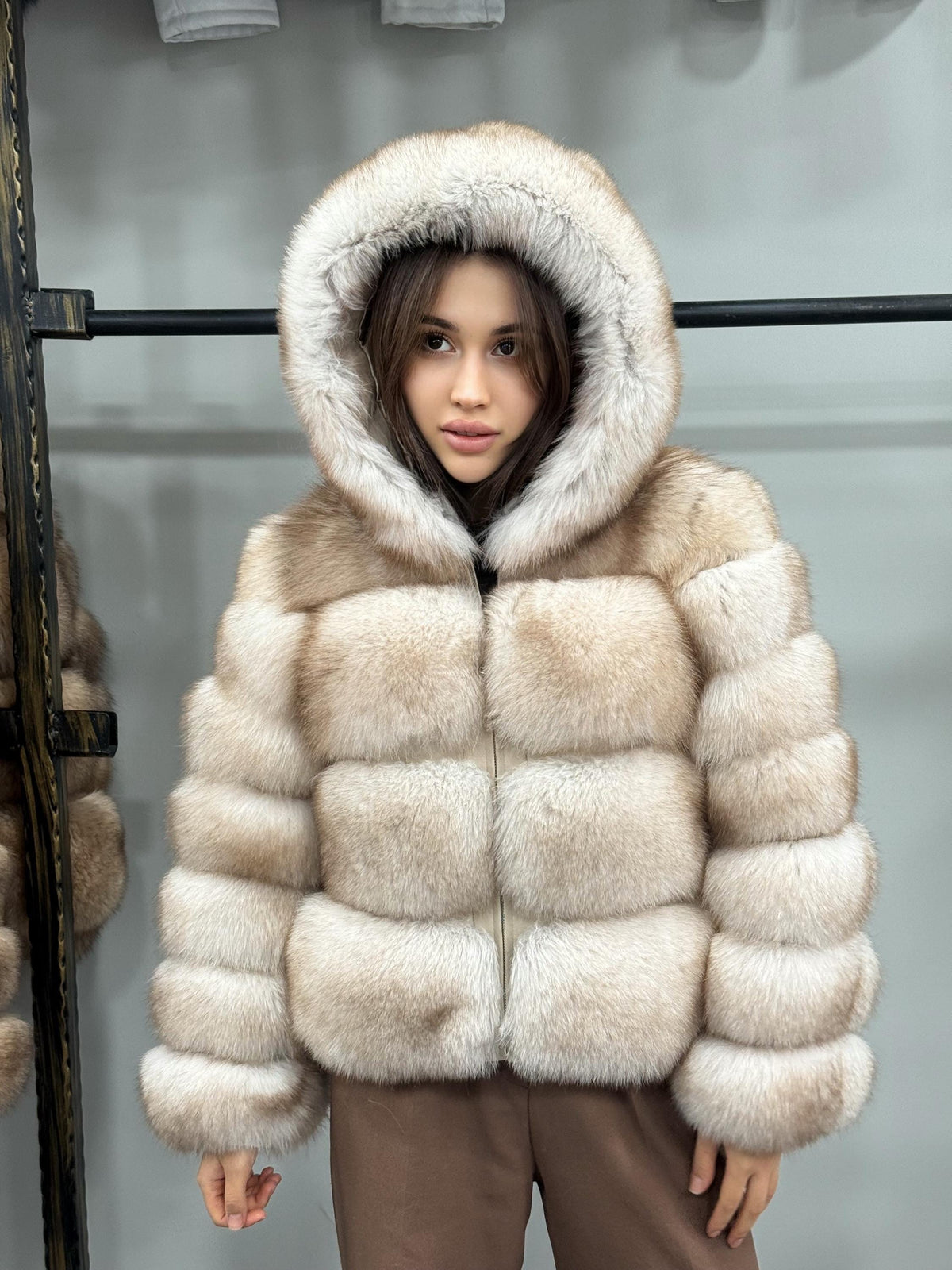 Women’s Beige Fox Fur Jacket, Luxury Hooded Short Fox Fur Coat