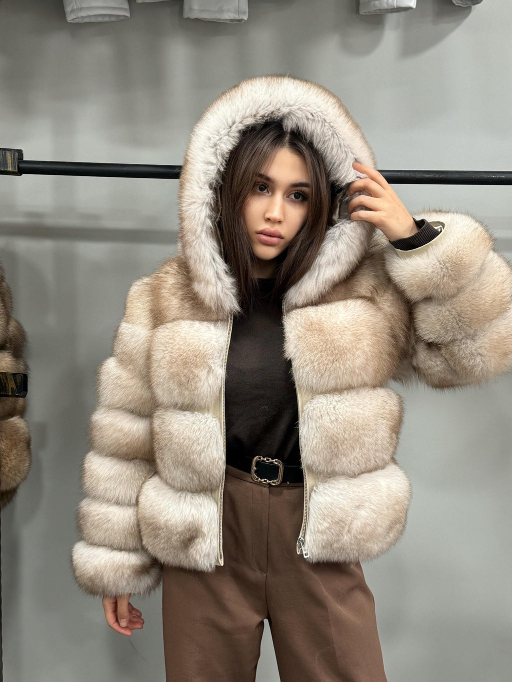 Women’s Beige Fox Fur Jacket, Luxury Hooded Short Fox Fur Coat