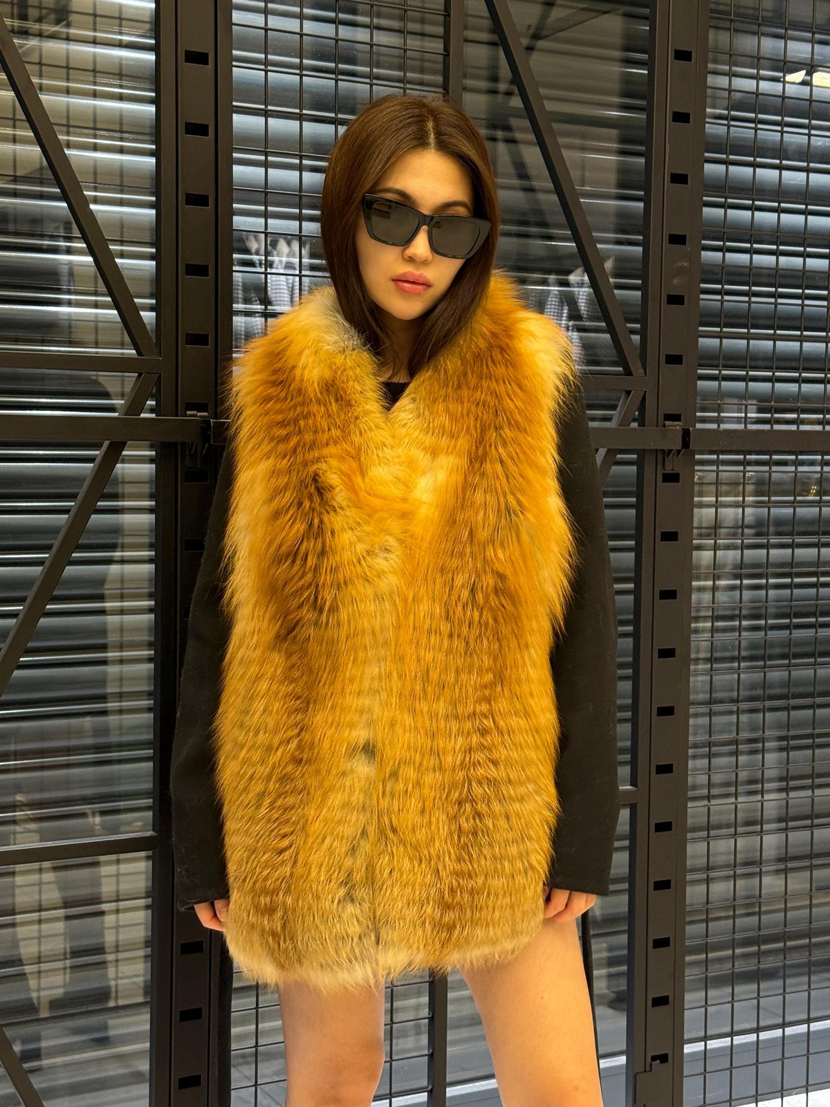 Women’s Black Cashmere Coat, Short Front Golden Frost Fox Fur Jacket